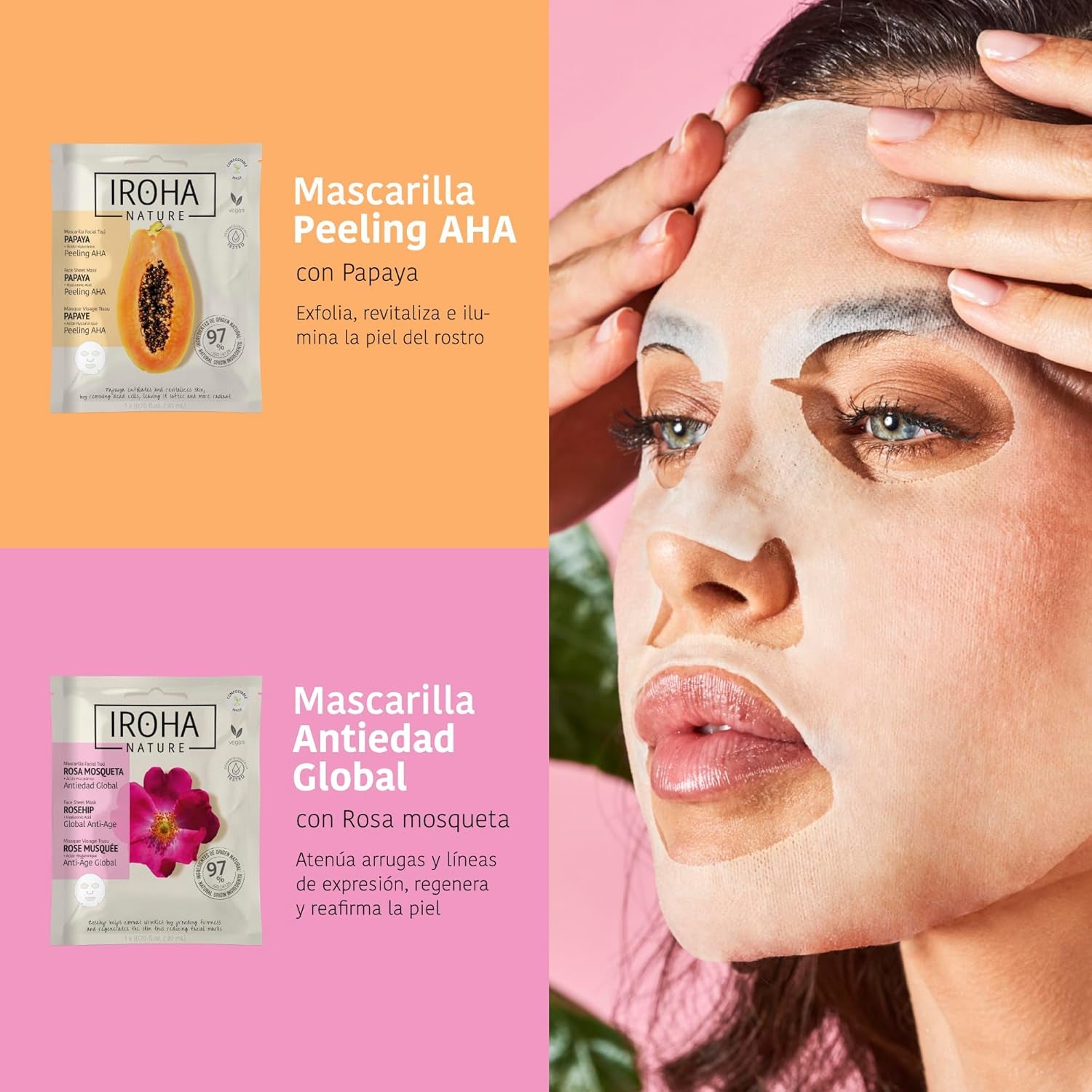 IROHA NATURE - KIT 6 Mascarillas Facial Tisú Natural Extracts | Cosmética Coreana | Aguacate, Árbol De Té, Rosa Mosqueta, Papaya, Pithaya Y Avena