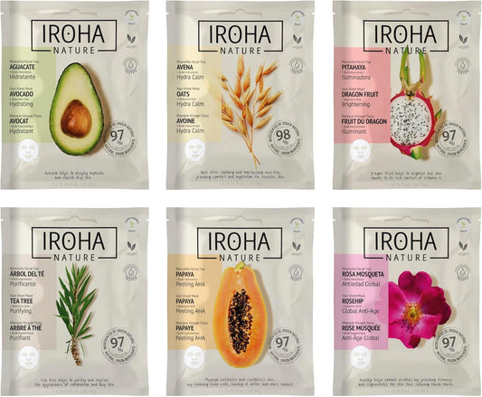 IROHA NATURE - KIT 6 Mascarillas Facial Tisú Natural Extracts | Cosmética Coreana | Aguacate, Árbol De Té, Rosa Mosqueta, Papaya, Pithaya Y Avena