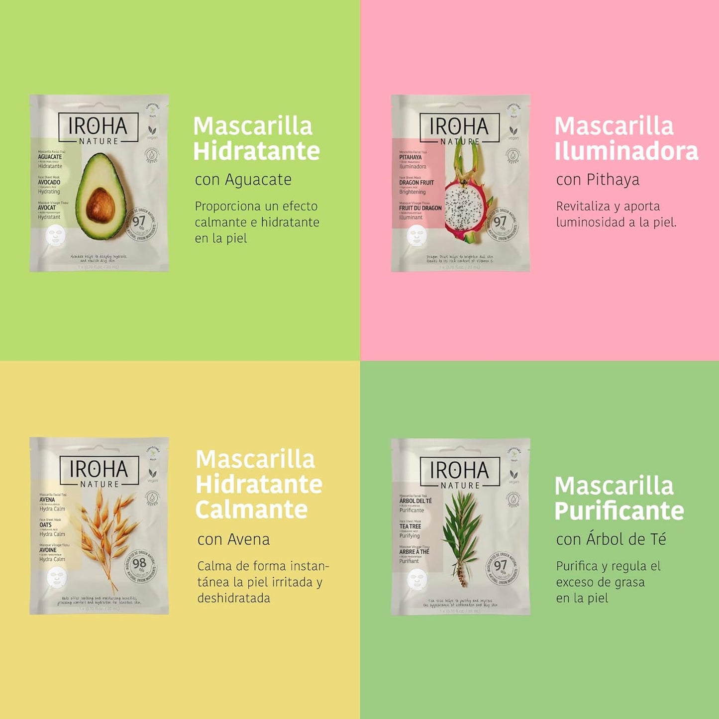 IROHA NATURE - KIT 6 Mascarillas Facial Tisú Natural Extracts | Cosmética Coreana | Aguacate, Árbol De Té, Rosa Mosqueta, Papaya, Pithaya Y Avena